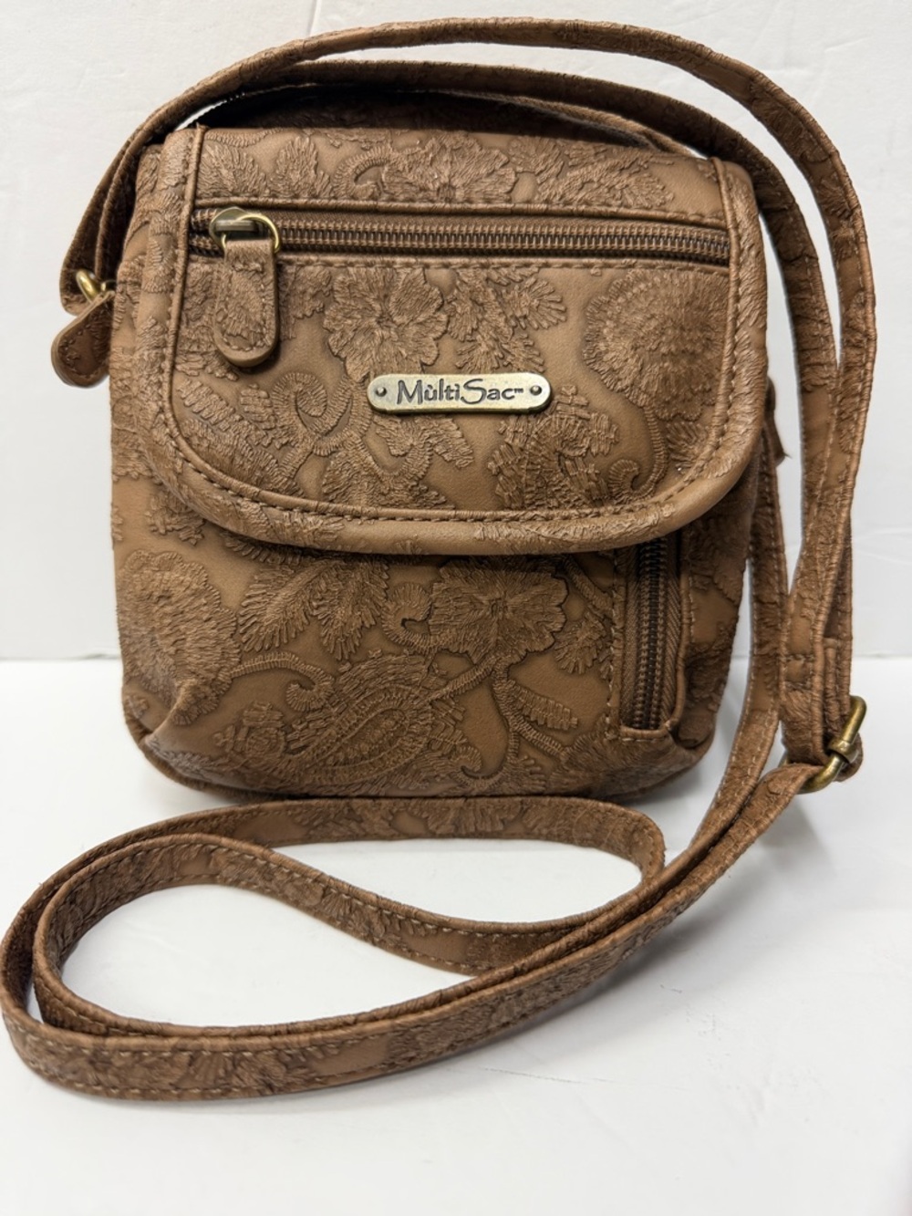 MultiSac Brown Lace-Embossed Crossbody Bag